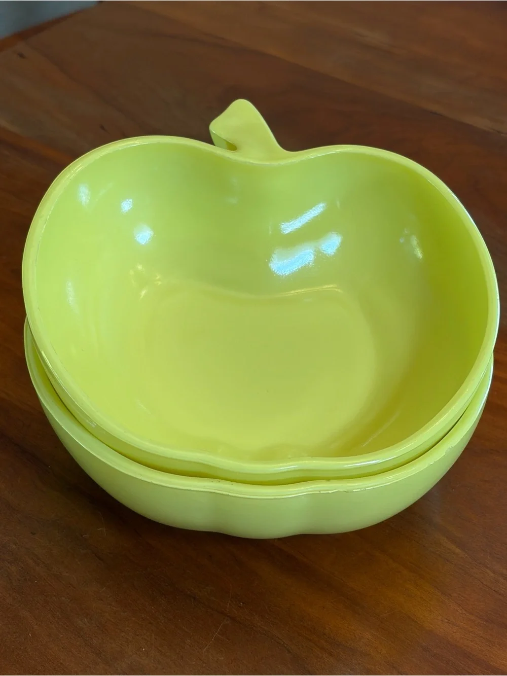 Vintage Hazel-atlas Platonite Milk Glass Chartreuse Apple bowls Orchard Ware 50s